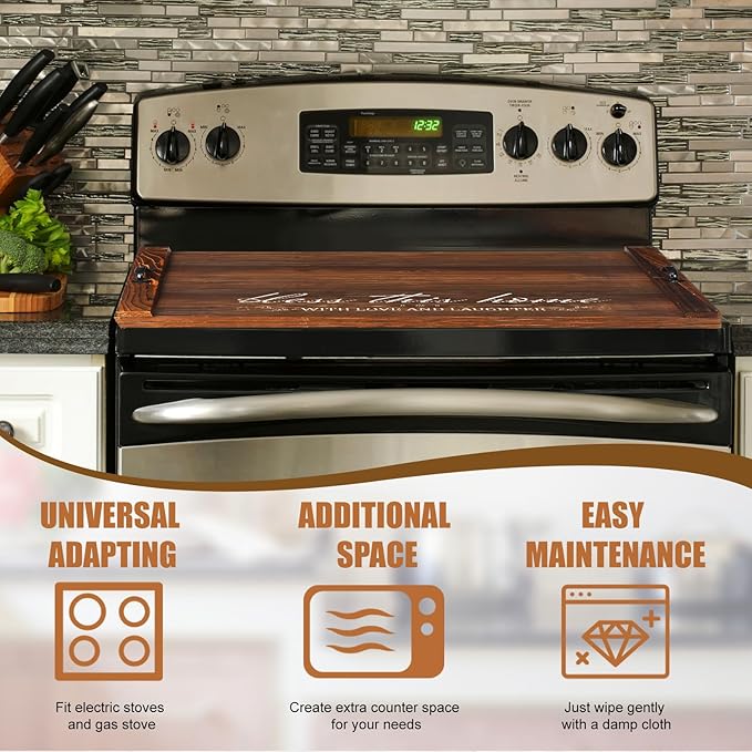 Patelai Noodle Board Stove Wooden Cover Stove Top Cutting Board with Handles 27.5 X 21.6 Inches Sink Cover for Electric Gas Burners Kitchen Counter Space(Blessing Style)