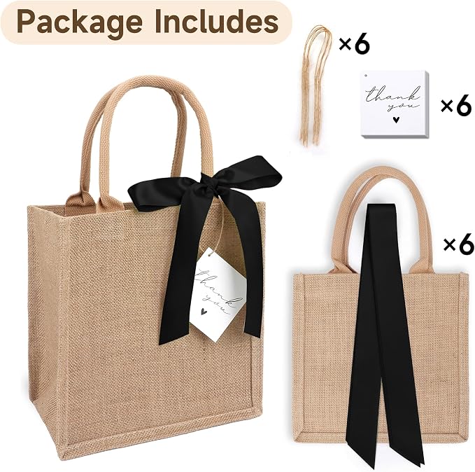 6 Pack Burlap Tote Bags with Handles Reusable Small Jute Gift Bags with Black Silk Ribbons Waterproof Lining for Wedding Bridesmaid Mother's Day Bachelorette Beach Party