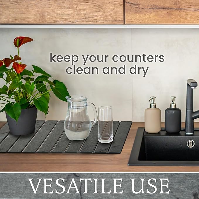 Stone Drying Mat + Foldable Black Metal Dish Rack – Complete 2-Tier Kitchen Drying System – Ultra Absorbent Dark Gray Mat for Plates, Glasses & Cutlery – Modern & Hygienic Counter Organizer - 24"x16"