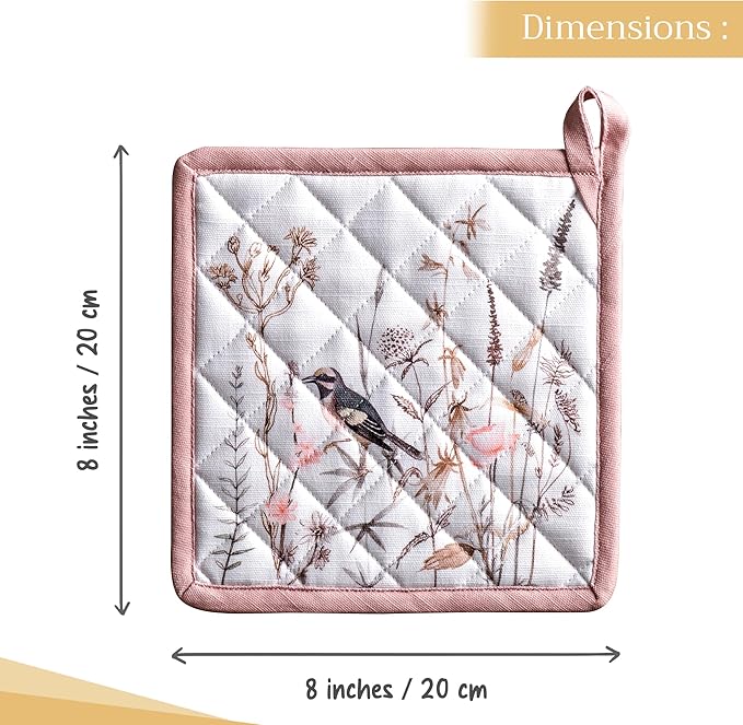 Maison d' Hermine Pot Holders 100% Cotton Heat Resistant Potholders 8" x 8" Hot Pads with Loop BBQ Baking Gifts for Mothers Day Handling Hot Pans Spring/Summer (Pack of 1, Meadow Florals - Brown)