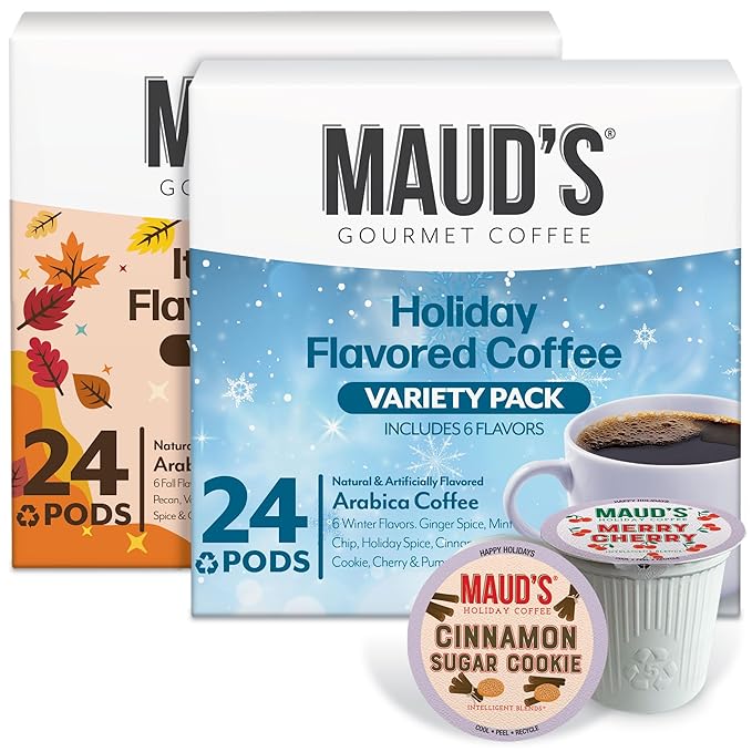 Maud’s Holiday & Fall Flavored Coffee Pods Variety Pack Bundle, 48ct, 11 Assorted Seasonal Flavors, Medium Roast Coffee in Single Serve Pods 100% Arabica Coffee, Compatible with Keurig K Cups Maker