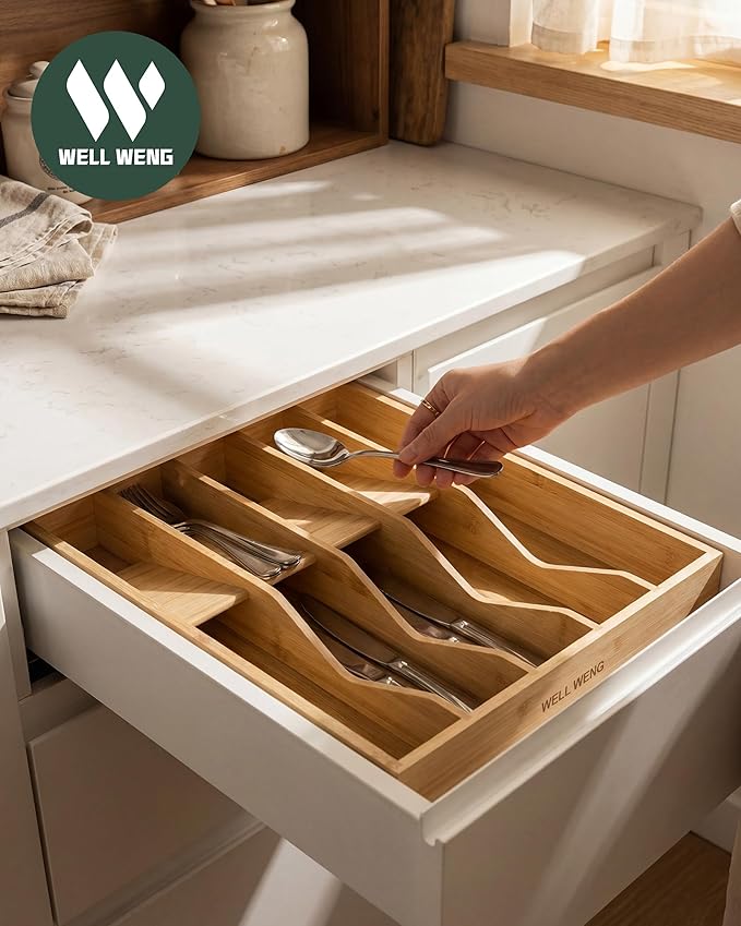 Bamboo Cutlery Drawer Organizer,Silverware Organizer 10 Slot Silverware Tray with V-Groove & Anti-Slip Blocks Flatware Utensil Storage for Kitchen Drawers (16" D x 12.3" W x 2.25" H)