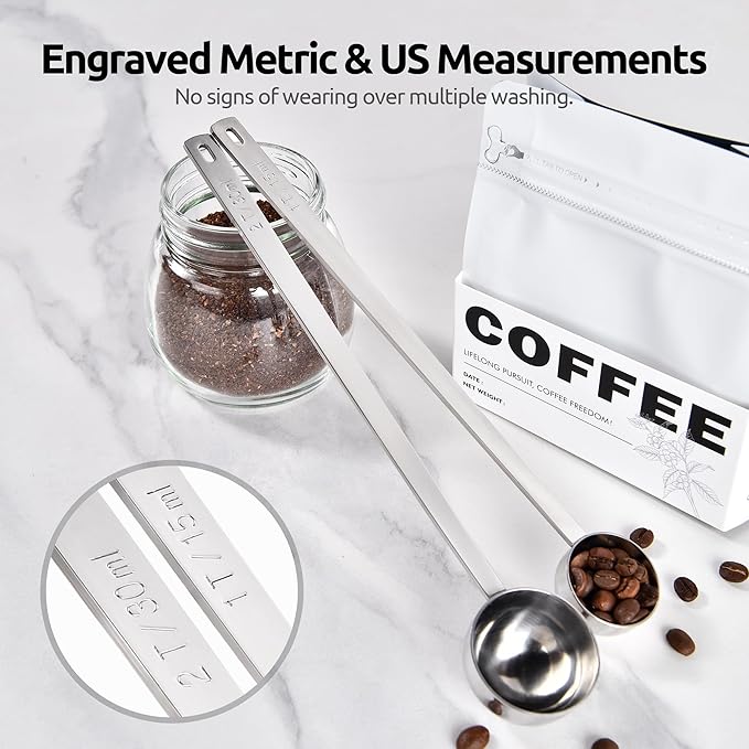 U-Taste 600ºF Heat Resistant BPA Free Silicone Spatula Set of 4 (Multicolor), and 18/8 Stainless Steel 10in Extra Long Coffee Scoop Set of 2, 1&2Tbsp(15&30ml)