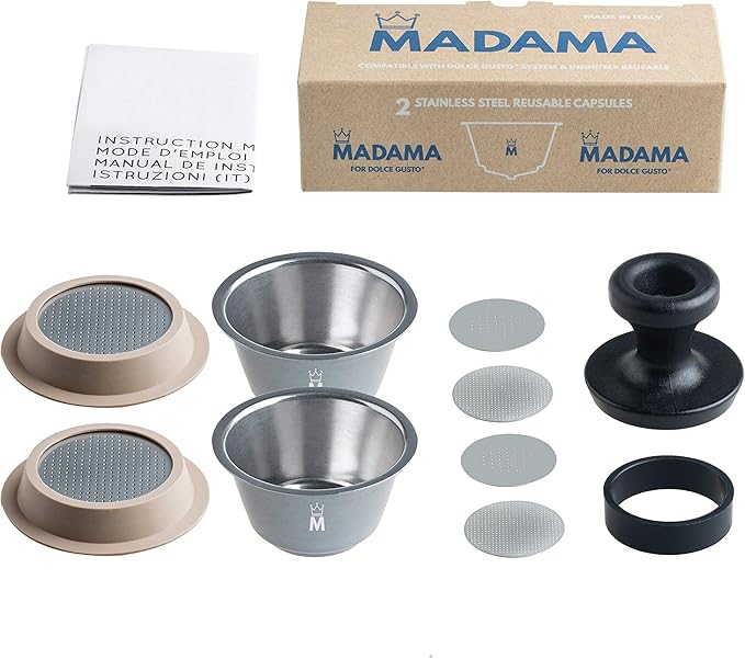 Madama - Refillable and Reusable Capsule Compatible with Dolce Gusto. Stainless Steel and Food-grade Silicone. Pack of 2 pods
