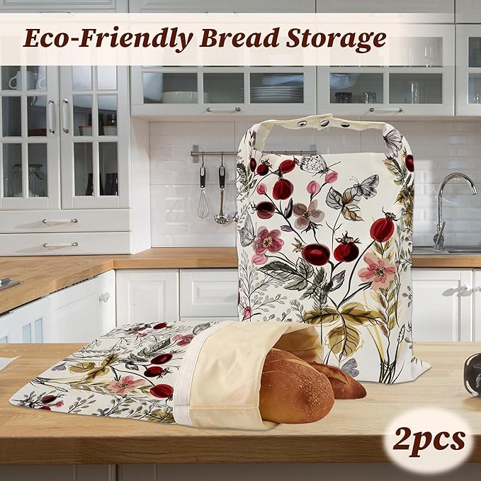Bread Bags for Homemade Bread- Vintage Flower Butterfly 2 Pack Linen and Beeswax Sourdough Storage Bags, Reusable Keeper, Keeps Breads Fresh Longer, Gifts for Bakers