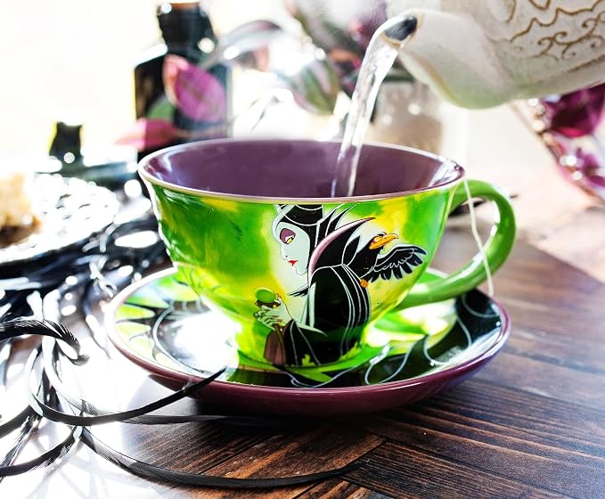 Silver Buffalo Disney Sleeping Beauty Maleficent Ceramic Teacup and Saucer Featuring Maleficent, Diablo, and Maleficent in Dragon Form, 12 Ounces