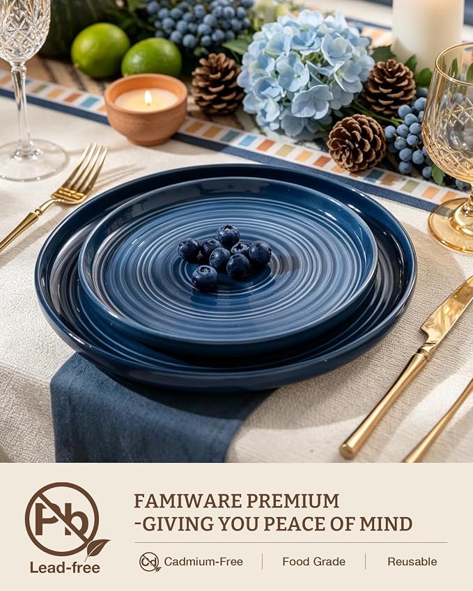 12-Piece Stoneware Dinnerware Sets, Service for 4 - Farmhouse Coupe Plates and Bowls with Speckles & Spirals - Chip & Scratch Resistant, Microwave & Dishwasher Safe, Abysses Blue
