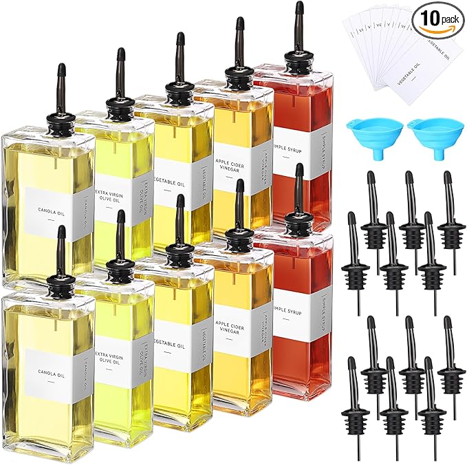 Reallnaive 10 Sets Olive Oil Dispenser Bottles for Kitchen with Nozzles Funnel Labels Cooking Oil Dispenser 500ml Set for Kitchen Vinegar Coffee Syrup (Black)