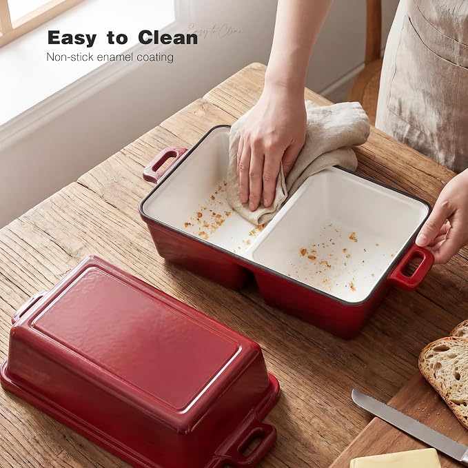 Double Dutch Oven for Sourdough Bread Baking,Enameled Cast Iron Dutch Oven with Lid,Double-Chamber Square Mini Sourdough Loaf Pan for Homemade Bread, Red(Patent Has Been Applied for)
