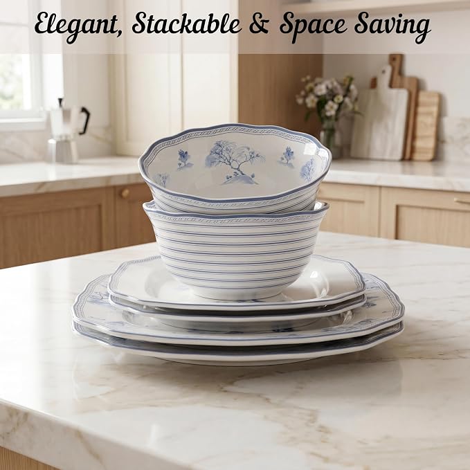 222 Fifth 12-Piece Porcelain Dinnerware Set for 4, Glossy White Plates and Bowls Set with Blue Decal, Elegant Square Ceramic Dish Set, Kitchen Tableware, Microwave & Dishwasher Safe, Scenic Toile
