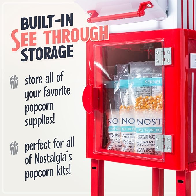 Nostalgia Popcorn Maker Machine - Professional Cart With 2.5 Oz Kettle Makes Up to 10 Cups - Vintage Popcorn Machine Movie Theater Style - Red & White