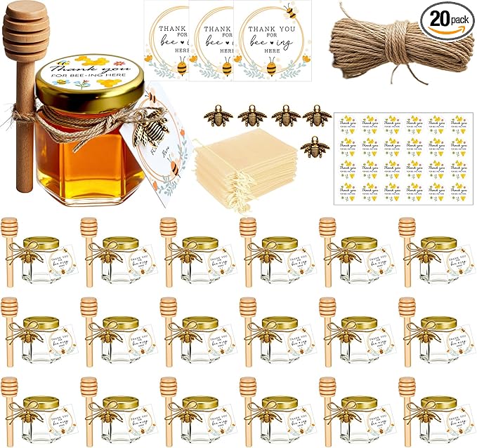 Adabocute 20 Pack Mini Honey Jars with Dipper - Perfect for Baby Shower Favors and Wedding Favors - Includes Bee Pendants Tags and Jute Bags - Gold Lid