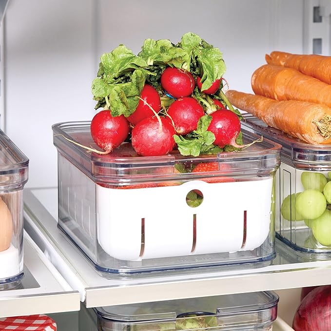 iDesign Small Fridge Berry Bin with Removable Colander Basket and Lid - Set of 6 - Clear/White