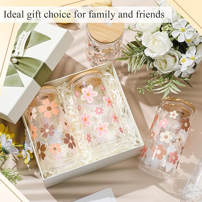 Mumufy 8 Sets Cute Boho Glass Cups with Clear Gift Bag 16 oz Reusable Pink Iced Coffee Mugs Aesthetic Cute Tumbler with Lids and Straws, Gifts for Girls Women Bridesmaid