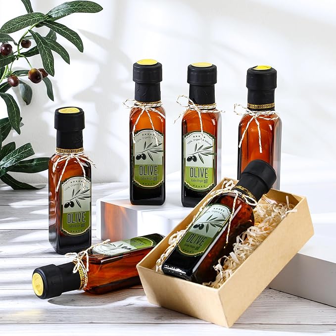 Reallnaive 20 Pcs 4 oz Mini Glass Olive Oil Bottles Empty Sauce Condiment Bottles with Dropper Inserts and Sticker Seals Caps for Gifts Kitchen (Sqaure,Brown)