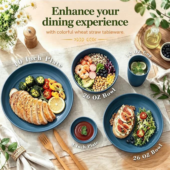 Wrova Kitchen Plates and Bowls Set Service for 8, 40-Piece Wheat Straw Dinnerware Sets Unbreakable Dinner/Salad Plates/Cereal Bowls/Sauce Cups/Cups Set, Dishwasher Safe Daily Living Dinnerware- Blue