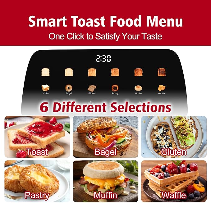 Tesslux 4 Slice Toaster with Touch Screen Control, 1.5" Wide Long Slots, 6 Browning Levels & 6 Bread Types, Digital Timer, Memory, Defrost, Reheat (Silver, 4 Slice)