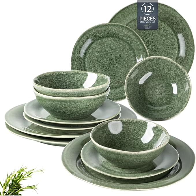 AmorArc Ceramic Dinnerware Sets, Handmade Stoneware Reactive Glaze Plates and Bowls Set, Scratch Resistant | Dishwasher & Microwave Safe, Service for 4 (12pc)