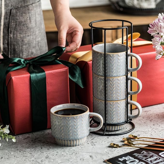 Miamolo Coffee Mugs Set of 4 with Stand and Spoons, Dishwasher Safe | Stackable, 13oz, for Espresso Drinks Latte Cappuccino Tea, Ceramic Coffee Cup for Housewarming Birthday Gift, Rustic