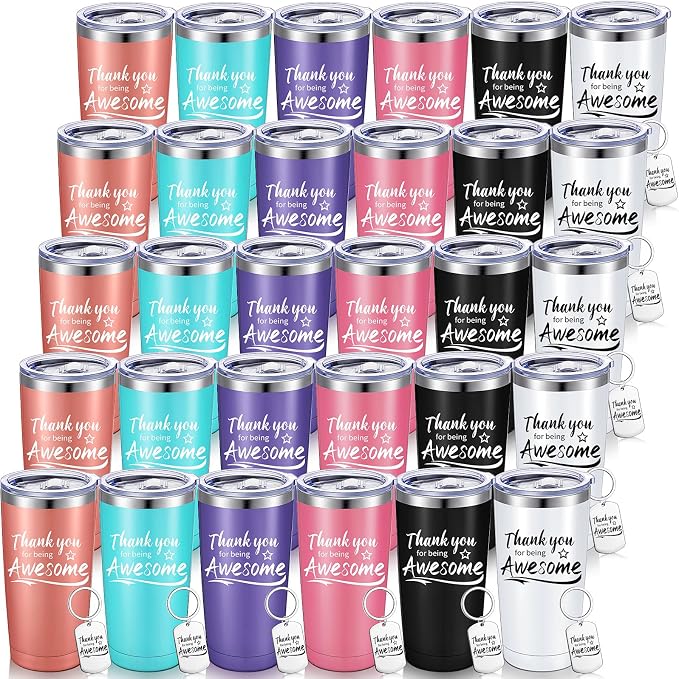 Sieral 60 Pieces Thank You for Being Awesome Tumbler, Thank You Supplies for Women Men 20oz Insulated Stainless Steel Travel Tumbler with Lid and Straw Appreciation Gift with Keychain (Fresh Color)