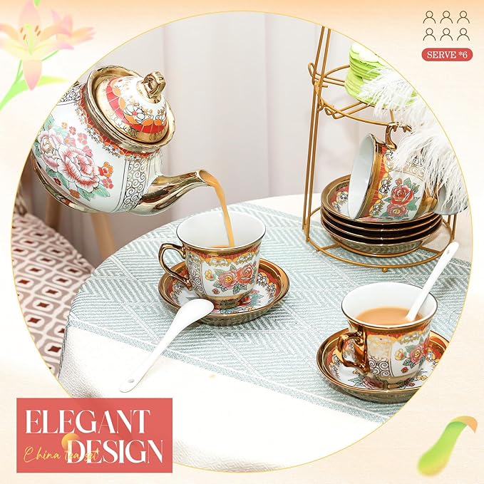 20 Pcs Porcelain Tea Set for Adults with Metal Holder and Spoon European Ceramic Tea Party Set Flower Painting Teapot Cup Saucer for Women Gift, Serving 6 People(Classic)