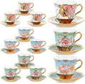 Teenyyou Set of 12 Tea Cups and Saucers Tea Party Decorations Floral Porcelain 5.4 oz British Gift for Women Birthday Party, Church, and Mother's Day (Classic Style)