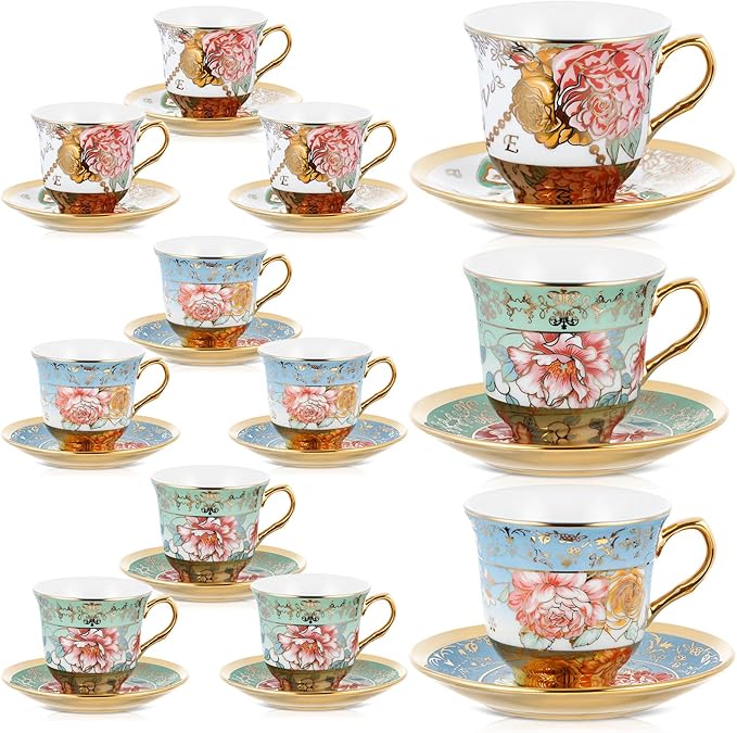 Teenyyou Set of 12 Tea Cups and Saucers Tea Party Decorations Floral Porcelain 5.4 oz British Gift for Women Birthday Party, Church, and Mother's Day (Classic Style)