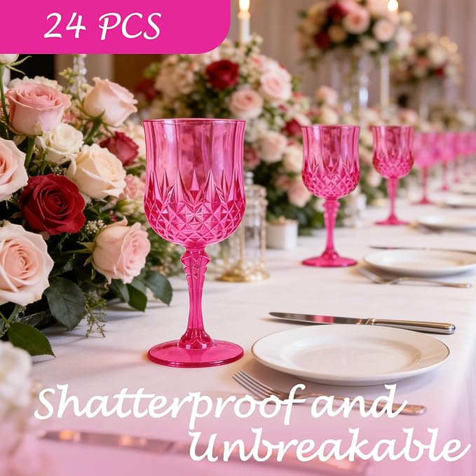 Plastic Wine Glasses, Plastic Goblets Vintage Style Cordial Unbreakable Drinking Glasses, Reusable Drinkware for Wedding Reception, Grand Event Party Supplies (24, Hot Pink)