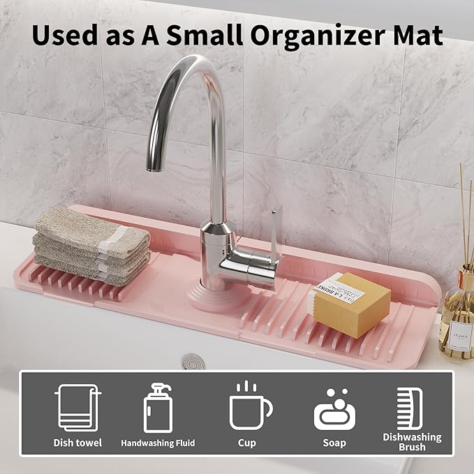 WAFT YEARN 17X5 Inch Silicone Durable Faucet Mat Kitchen Sink Splash Guard Draining Protector Tray Liner Absorbent Protective Counter Accessories For Sink Kitchen Bathroom Laundry Room Bar & RV Pink