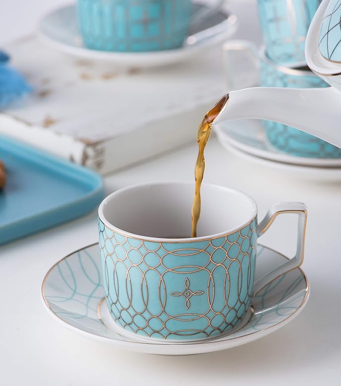 Jusalpha Porcelain Tea Set-Service of 4- Modern Elegant Mint Green Tea Cup and Saucer Set-Coffee Cup Set with Saucer and Spoon,TCS15 (4) (Blue)