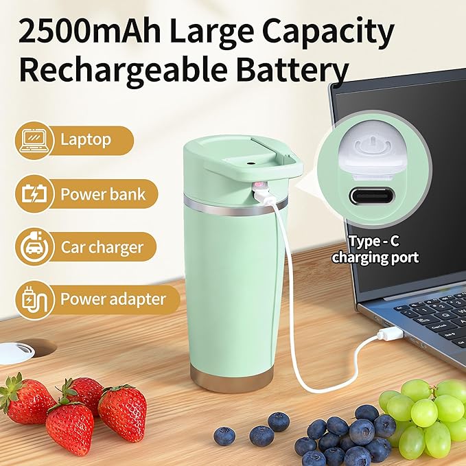 Portable Blender for Smoothies&Shakes 24oz Insulated Cup Cordless, Personal Small Licuadora Portatil With Stainless Steel Bottle, USB-C Rechargeable Travel Blender, BPA Free (Green)