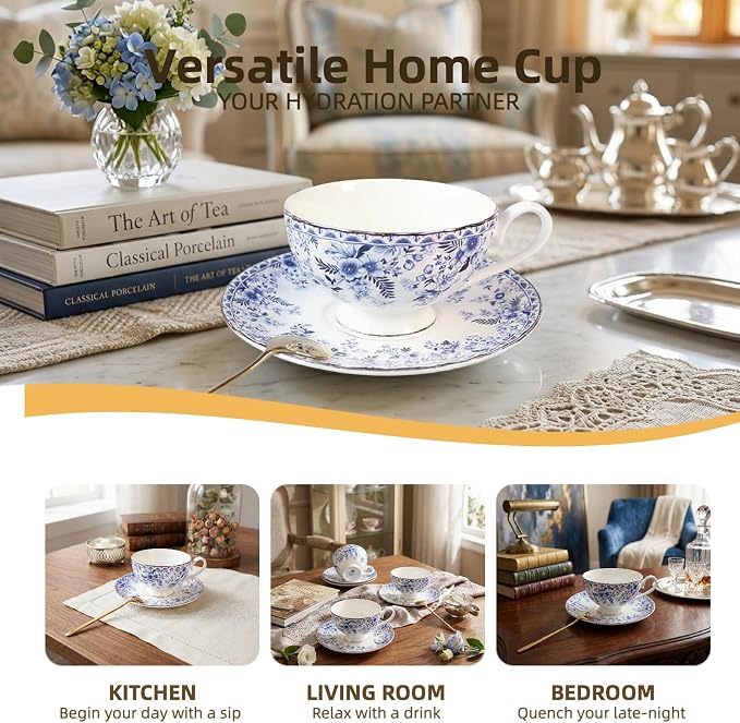 Vintage Floral Porcelain Tea Cup and Saucer Set with Gold Trim, Classic Blue Pattern, 6 oz Capacity
