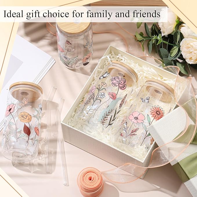 Mumufy 8 Sets Vintage Flower Glass Cups with Clear Gift Bag 16 oz Reusable Colorful Iced Coffee Mugs Aesthetic Cute Tumbler with Lids and Straws, Gifts for Girls Women Bridesmaid