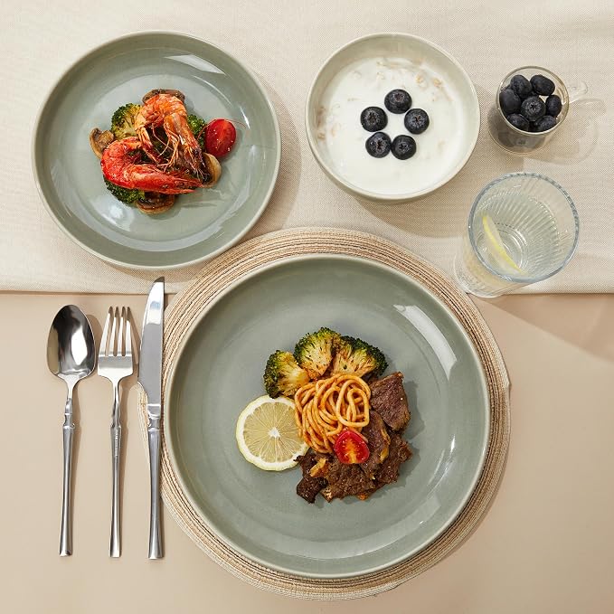 Pokini Stoneware Dinnerware Sets, Ceramic Plates and Bowls Set, Microwave & Dishwasher Safe Kitchen Dish Set, Modern Dinner Salad Plates | Cereal Bowls for 4, Dishware Sets Gray Green