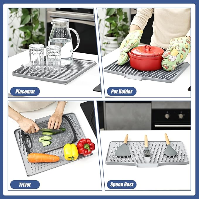 Silicone Dish Drying Mat for Kitchen Counter, Heat-resistant Dish Dryer Mat with Built-in Drain Lip ,Drain Pad Protects Surfaces Prevents Water Build UP
