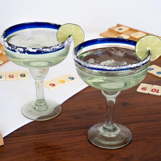 Cobalt Blue Rim Margarita Glasses Set of 4 – Hand Blown Mexican Glassware – 14 oz Recycled Glass Margarita Glass – Hand blown Mexican Drinking Glasses for Cocktails & Tequila