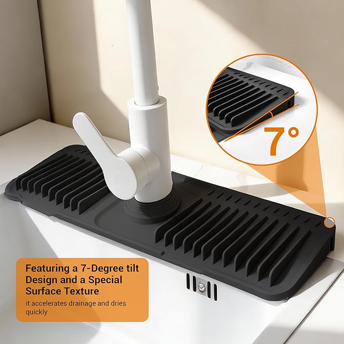 ZJWZLG Faucet Mat for Kitchen Sink, 17.7"X5.5" Silicone Sink Splash Guard with Soap Holder, Snap-On Design & 7°slope Fast Drain, Folding Sink Faucet Mat for Universal Kitchen Bathroom Sink（Black）