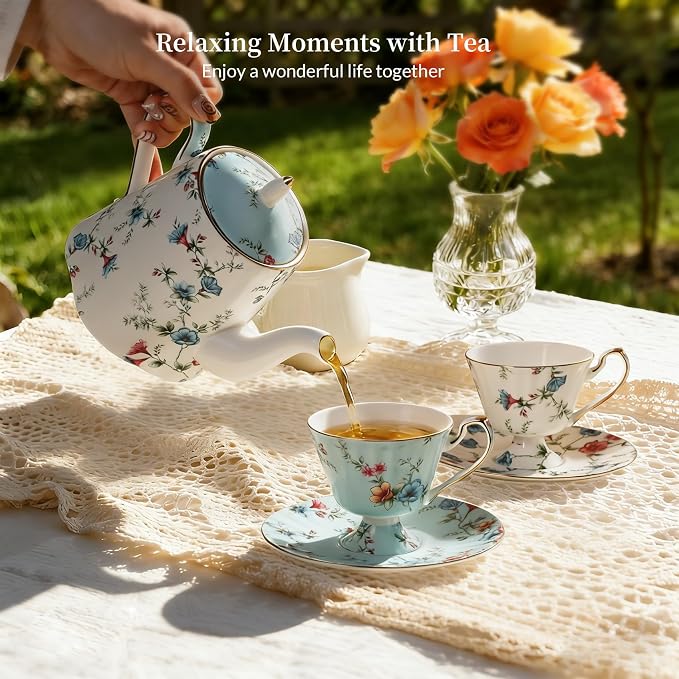 ACMLIFE Tea Sets for Adults, Tea Cups and Saucers, 4 Pcs Floral Vintage Bone China Tea Set, British English Tea Cups with 24K Gold, Mother's Day, Wedding Gift, Tea, Coffee & Gifting (Blue and White)