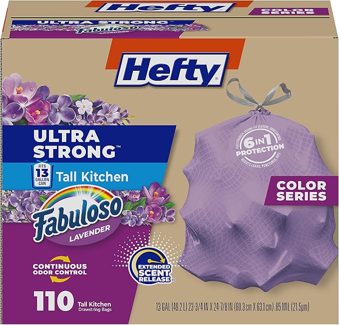 Hefty Ultra Strong 13 Gallon Trash Bags, Tall Kitchen Trash Bags 13 Gallon Size, Resist Leaks, Punctures, and Rips, Continuous Odor Control, Purple, Fabuloso Scent, 110 Bags
