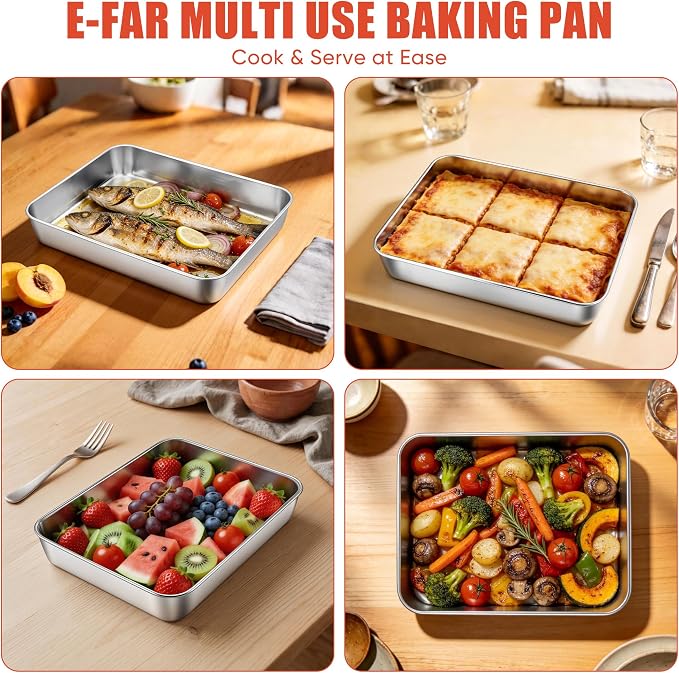 E-far Lasagna Pan, Stainless Steel Rectangular Baking Pan, 10.3x8x2” Small Sheet Cake Pan Metal Bakeware Toaster Oven Tray for Brownie Casserole, Deep Side & Heavy Duty, Anti-Rust & Dishwasher Safe