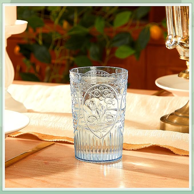 24 Pcs 16 oz Plastic Vintage Drinking Glasses Stemless Ribbed Highball Glasses Bulk Embossed Reusable Cup for Water Beer Cocktails Juice Wedding Bridal Shower Birthday Event Party (Blue)