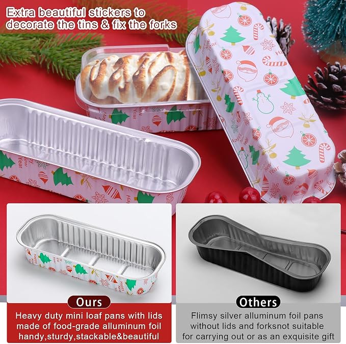 50Pack Christmas Mini Cake Pans Disposable Mini Loaf Pans with Lids and Spoons, 6.8Oz Aluminum Foil Pans Tins, Individual Dessert Cups Containers for Sales,Party,Picnics