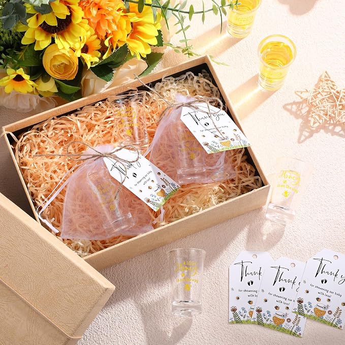 Pickmesh 50 Sets Honey Bee Baby Shower Shot Glasses for Guests Include Little Honey Is on The Way Acrylic Shot Glasses Bee Cards Bags for Gender Reveal Summer Party Favors Supplies