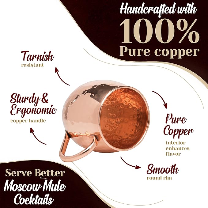 Copper Moscow Mule Mugs Set of 4 with Straws, Jigger & Coasters | Hammered Copper Cocktail Cups with Food-Safe Lacquer Coating (Interior & Exterior) | Lab Tested, 1-Year Warranty Gift Set