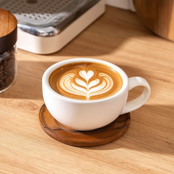 Ceramic Latte Coffee Cup with Wood Saucer Set of 1, Barista Cappuccino Latte Tea Cup Set for Home Café, Vintage Coffee Mug Unique Kiln-Fired Variegated Brown Interior Mug Aesthetic Kitchen Drinkware