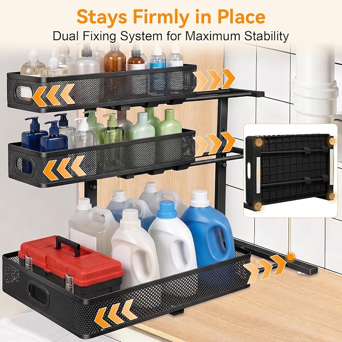 Under Sink Organizer for Bathroom, 3 Tier Adjustable Height Under Sink Storage, Sliding Pull Out Cabinet Organizer Shelf, Metal Multi-Purpose Cabinet Organizer for Kitchen (2 Pack, Black)