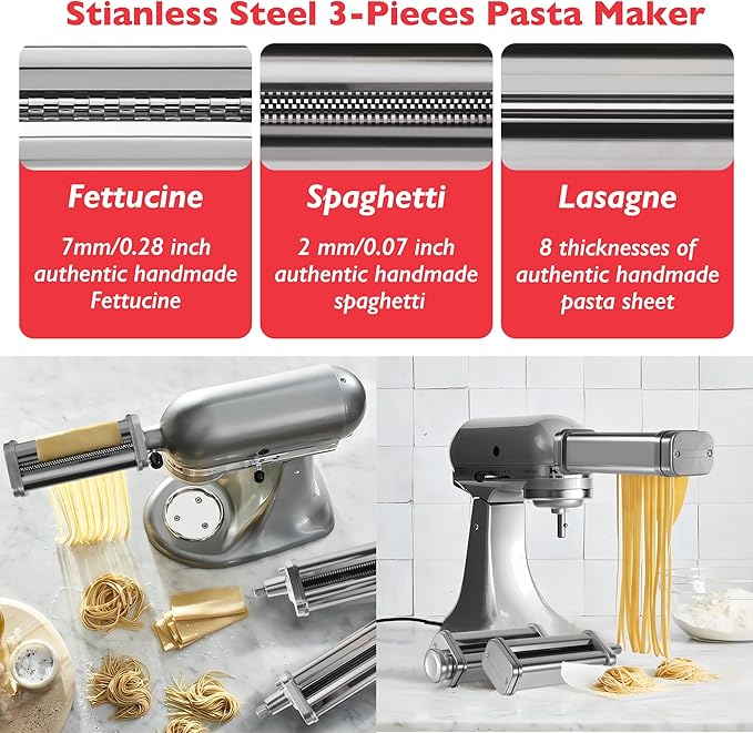 Wiselet Pasta Maker Attachment for KitchenAid Stand Mixer, 3 Pieces Pasta Roller Attachments, Full Body Stainless Steel and Heavy Duty, Homemade Spaghetti, Fettucine and Lasagne…