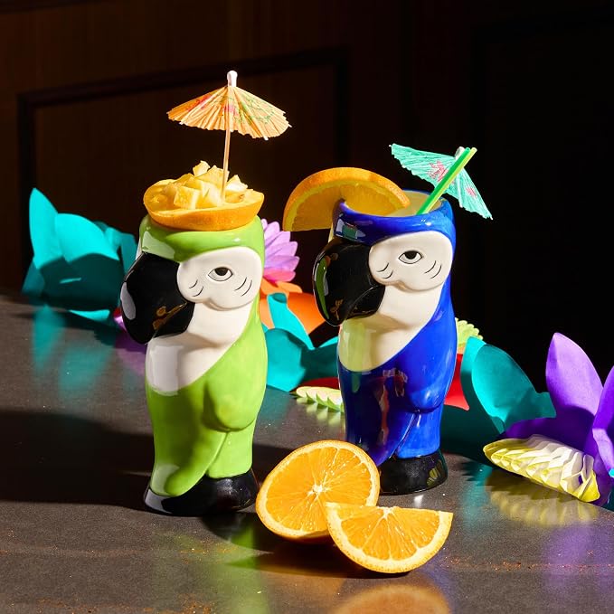 LEMONSODA Ceramic Hawaiian Tiki Glasses (Tiki Parrots, Set of 4)