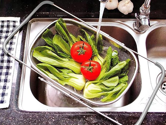 AJIODA Over The Sink Colander, 6 Quarts Stainless Steel Oval Colander with Expandable Rubber Grip Handle, Fine Mesh Strainer Baskets Kitchen Colanders for Strain, Drain, Rinse Vegetables, Fruits, Grey