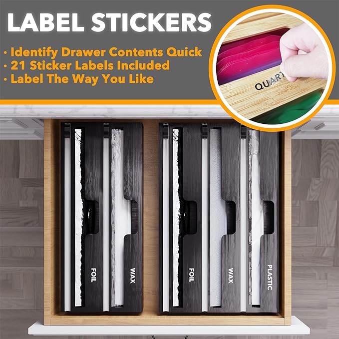 SpaceAid WrapNeat 2 in 1 Wrap Organizer with Cutter and Labels, Plastic Wrap, Aluminum Foil and Wax Bamboo Dispenser for Kitchen Storage Organization Holder for 12" Roll (Black)
